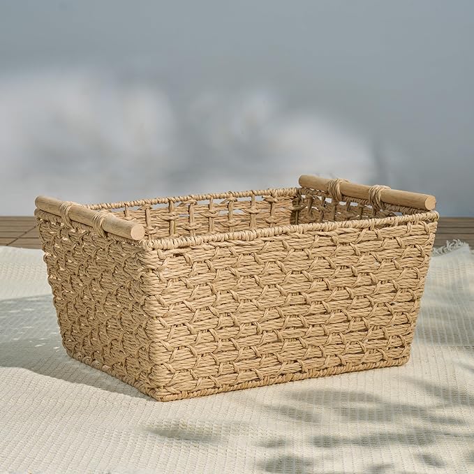 Isidore Paper Rope Woven Rectangular Multi-Use Baskets, 16.9" x 12.9" x 8.6", 14.5" x 11.8" x 5.5", Natural Brown