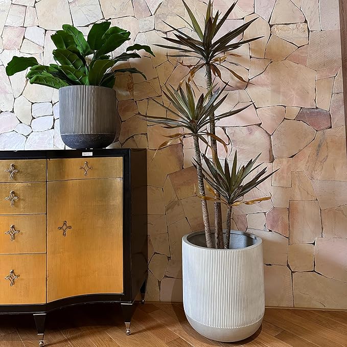 18.7" H x 16.9" D Ribbed Radius Fiberstone Round Planter with Drainage Hole, Weather Resistant for Indoor and Outdoor Use, Included 2 Extra Coco Mats (Frost Grey, 15" Pot Opening)