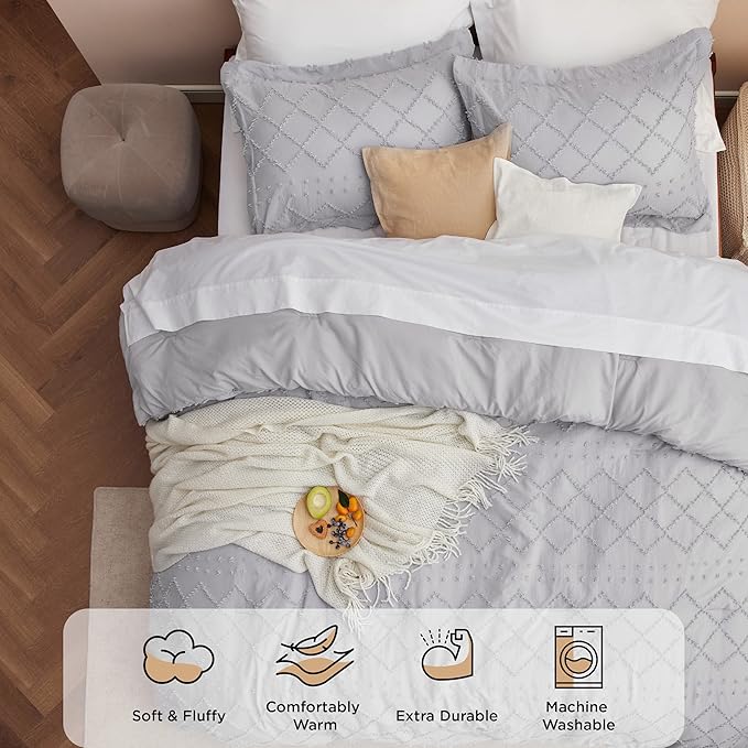 Bedsure Full Comforter Set - Light Grey Comforter, Boho Tufted Shabby Chic Bedding for Kids, 3 Pieces Vintage Farmhouse Bed Set for All Seasons, Fluffy Soft Bedding with 2 Pillow Shams