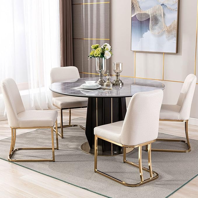 VESCASA Woven Faux Leather Upholstered Dining Chairs with Back, Mid Century Modern Chairs with Gold Metal Frame for Dining Room, Restaurant, Kitchen, Set of 4, Beige