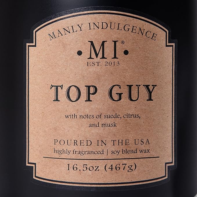 Manly Indulgence Top Guy Scented Candles for Men, 2 Wick, 16.5 oz, Premium Soy Blend Wax, 60H Burn, Candles for Home Scented - Made in The USA