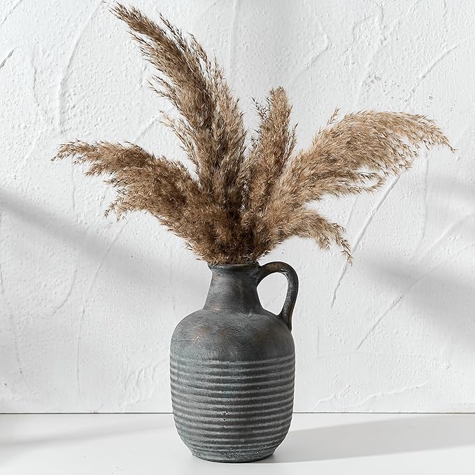SIDUCAL Rustic Ceramic Farmhouse Flower Vase with 1 Handle-Height 8.43" Terracotta Vase, Unique Textured Pottery Flower Vases for Home Decor, Table, Wedding, Living Room, Shelf Decor, Bronze Black