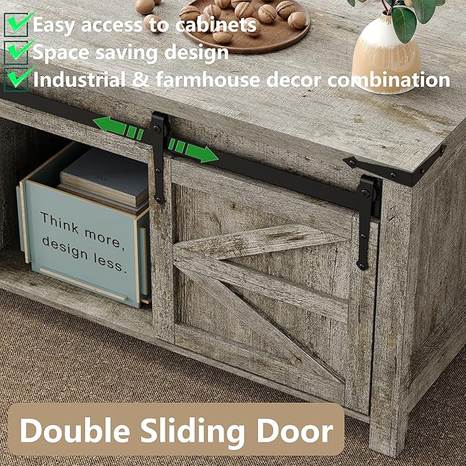 Lift Top Coffee Table, 47.3'' Farmhouse Coffee Table with Large Hidden Storage Compartment & Sliding Barn Doors, Wood Modern Rectangle Table for Home, Office, Rustic Grey