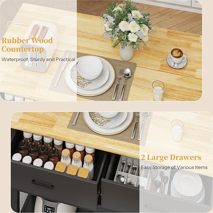 47.3" Solid Rubberwood Kitchen Island with Power Outlets - Extra Large Work Surface, 2 Drawers & Open Shelves Storage Cabinet for Kitchen Dining Room, Farmhouse Style (Black)