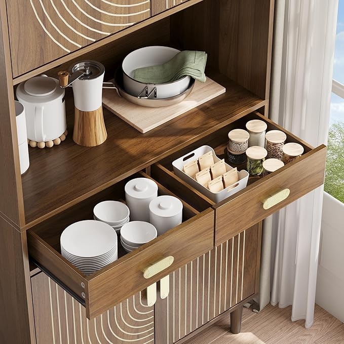 Smuxee 70.87" Walnut Kitchen Pantry Cabinet, Tall Food Pantry Cabinet with Line Groove Design, Kitchen Hutch with Microwave Stand for Dining Room Living Room