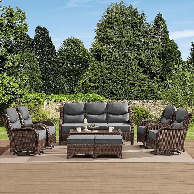 HILLGA Luxury High Back Patio Furniture Set with 6-Inch Thick Cushion, 8-Piece Outdoor Conversation Set with Sofa, Swivel Rocker Chairs & Ottomans, Ideal for Porch Pool Deck Yard (Dark Grey)
