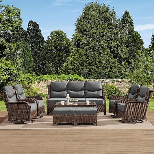 HILLGA Luxury High Back Patio Furniture Set with 6-Inch Thick Cushion, 8-Piece Outdoor Conversation Set with Sofa, Swivel Rocker Chairs & Ottomans, Ideal for Porch Pool Deck Yard (Dark Grey)