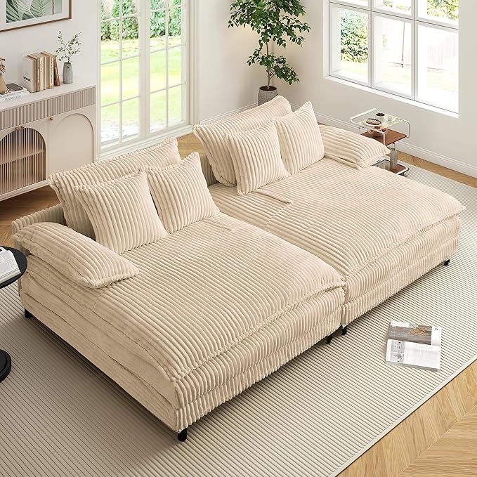 110" W Oversized Double Chaise Lounge Sofa Couch, Corduroy Sleeper Sofa Bed with Adjustable Backrest, Modern Upholstered Cloud Couch with Deep Seat & Pillows for Living Room, Khaki