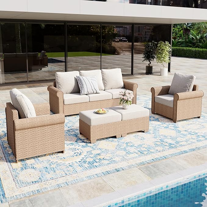 Patio Furniture Set 5 pcs, Wicker Outdoor Patio Furniture, 3-Seat Sofa, 2 Single Chairs and 2 Ottomans, Rattan Patio Conversation Set for Backyard Deck, Beige