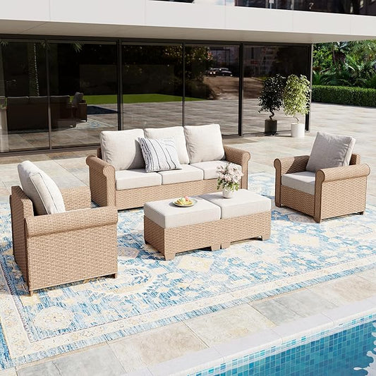 Patio Furniture Set 5 pcs, Wicker Outdoor Patio Furniture, 3-Seat Sofa, 2 Single Chairs and 2 Ottomans, Rattan Patio Conversation Set for Backyard Deck, Beige