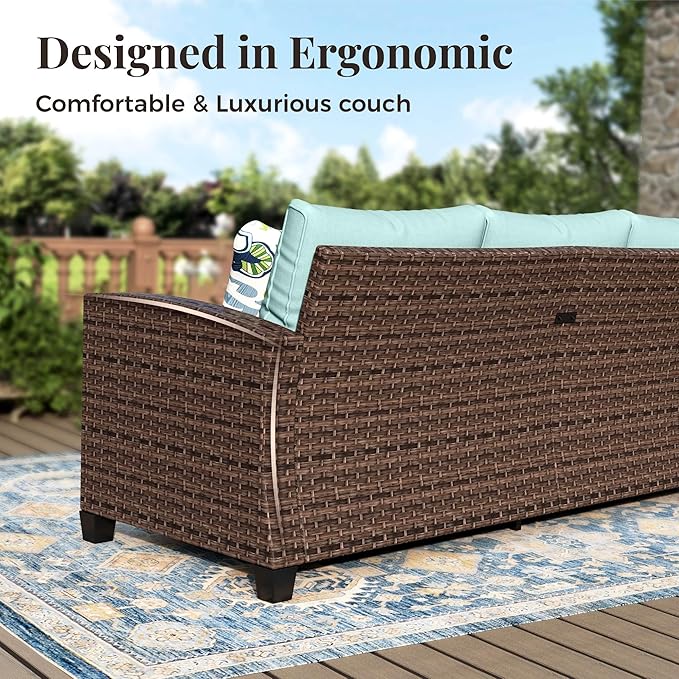Swivel Glider Patio Furniture Set, 5 Pcs Wicker Outdoor Conversation Set, 2 x Swivel Chairs, 1 x 3 Seater Sofa and 2 x Ottoman, Blue