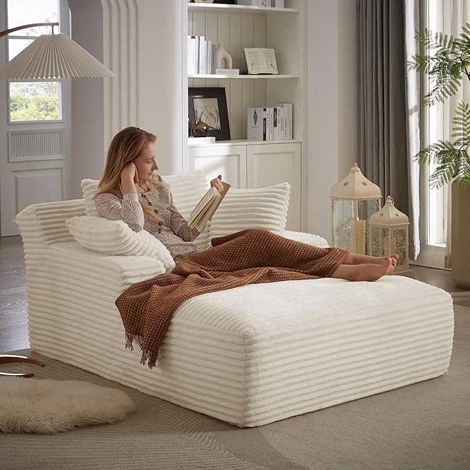 Oversized Chaise Lounge Chair Indoor, Corduroy Sofa Bed with Throw Pillows, Cozy Cloud Couch, Upholstered Sleeper Sofa Couch for Living Room, Bedroom, Apartment, White