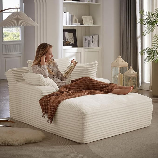 Oversized Chaise Lounge Chair Indoor, Corduroy Sofa Bed with Throw Pillows, Cozy Cloud Couch, Upholstered Sleeper Sofa Couch for Living Room, Bedroom, Apartment, White
