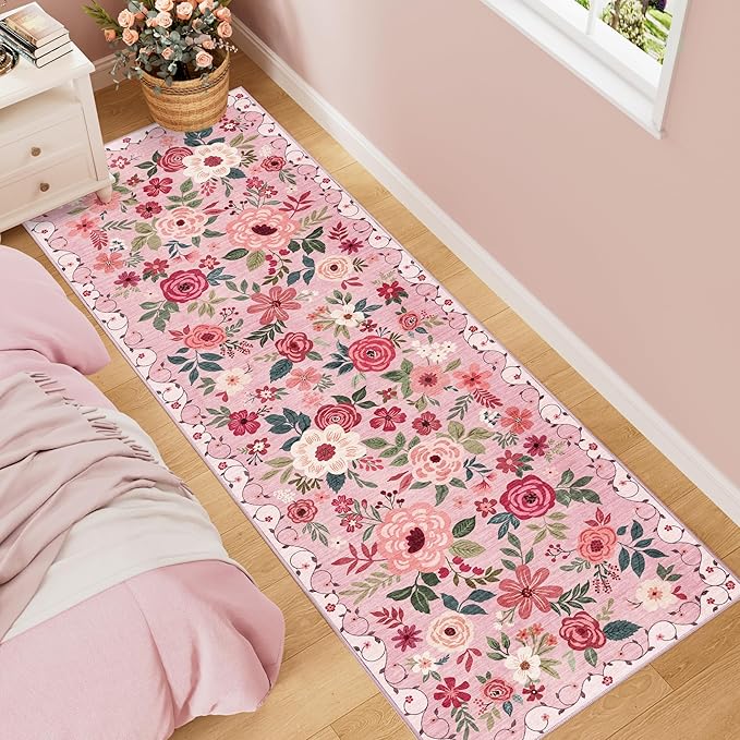 DUKINO 2x6 Kitchen Runner Rug for Hallway, Washable Runner Rug with Non Slip Backing, Low Pile Soft Boho Floral Carpet for Girls Room, Kitchen, Entryway, Laundry, Bedroom, Pink