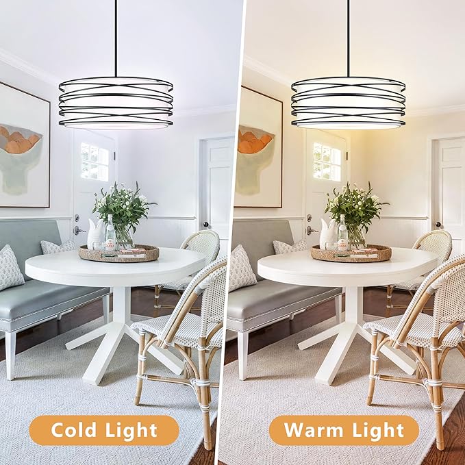 19.7" Black Pendant Light, 5-Lights Modern Drum Chandeliers for Dining Room Adjustable Pendant Hanging Lighting with White Fabric Shade for Kitchen Island Living Room Entryway Bedroom