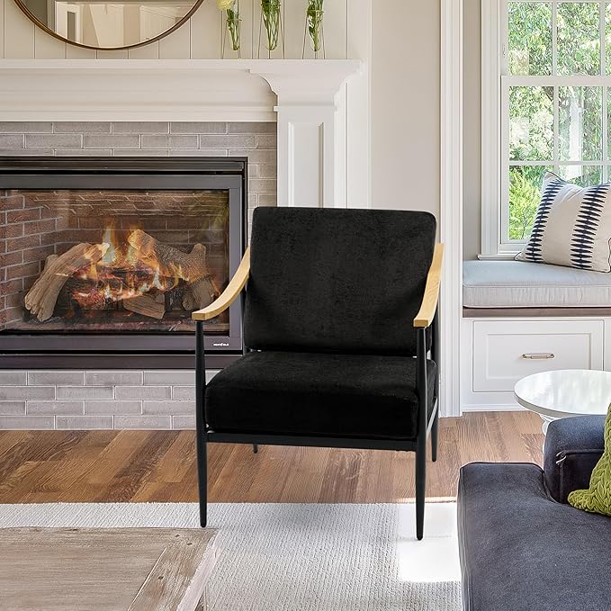 Modern Accent Chairs Set of 2 for Living Room Bedroom Mid Century Arm Chairs Upholstered Office Accent Chairs Comfy Waiting Room Chairs with Metal Frame, Black