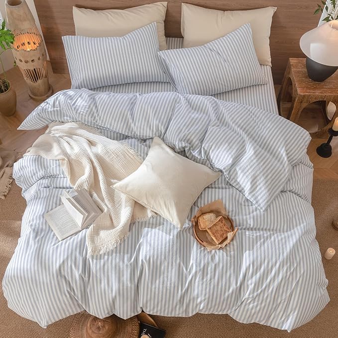 MooMee Striped Duvet Cover Set 100% Washed Cotton Linen Like Textured Breathable Durable Soft Comfy (Cornflower Blue White Classic Stripes, Palatial King/Oversized King 120"x98")