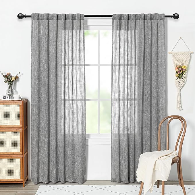MYSKY HOME Living Room Curtains 2 Panels Boho Semi Sheers Long Drapes Light Filtering for Bedroom Windows, Linen Look Texture Soft Cotton Blend Fabric, 50" Wide x 90" Long, Dark Grey, 2 Panels