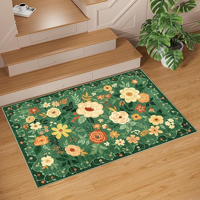 DUKINO 2x3 Rugs for Entryway, Floral Indoor Washable Door Mat, Non Slip Boho Small Rug for Kitchen, Soft Low Pile Front Door Throw Rug for Entrance, Bedroom, Kitchen, Laundry, Bathroom, Dark Green