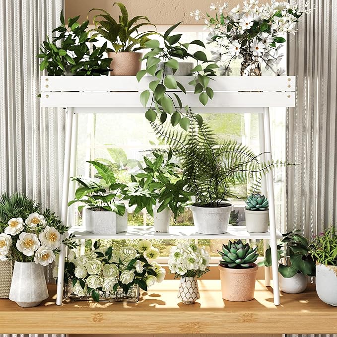 BAMBANG Bamboo Plant Stand Indoor, 2 Tier Small Plant Table, Tall Plant Stand for Indoor Plants, Window Sill Plant Shelf, Flower Pot Holder Plant Bench Plant Rack for Living Room Outdoor, White