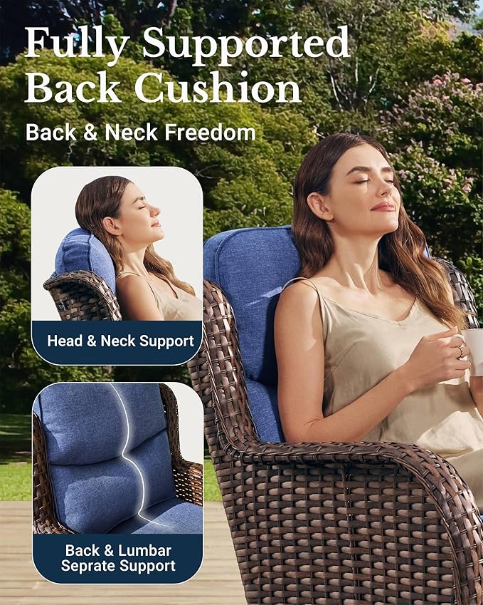 HILLGA Luxury Patio Furniture Set with 6-inch Thick Cushion, Outdoor High Back Swivel Rocker Patio Chairs, 2PCS Wicker Conversation Set for Deck Yard and Poolside, Blue (V2)