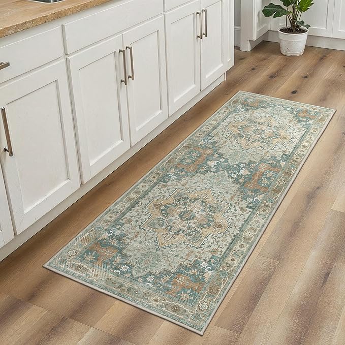 GENIMO 2x10 Runner Rugs for Hallway, Machine Washable Non Slip Vintage Rugs, Low Pile Lightweight Soft Print Rug for enrtyway, Corridor, Home Office, Kitchen,Ash Blue