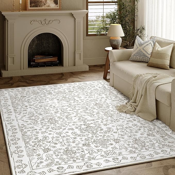 Floral Area Rug 6x9 Washable Taupe Carpet Non Slip Large Boho Thin Farmhouse Throw Accent Rug for Living Room Bedroom Office Kitchen Bathroom