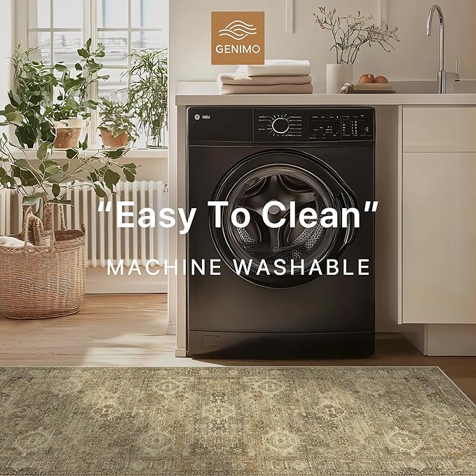 GENIMO 6X9 Area Rugs for Living Room, Machine Washable Non Slip Vintage Floral Patchwork Rug, Thin Low Pile Chenille Carpet Rugs for Bedroom, Dining Room, Straw