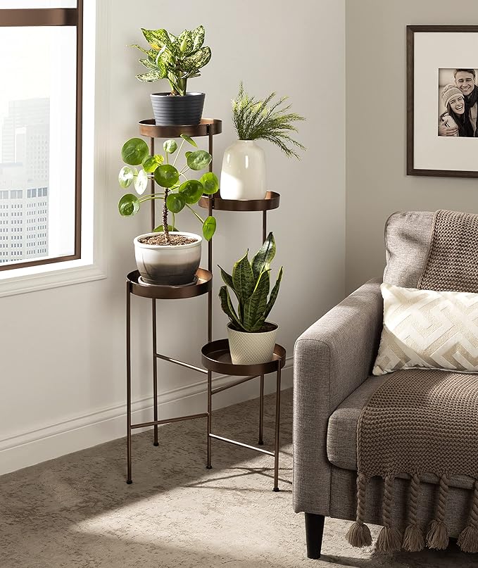Kate and Laurel Finn Modern 4-Tier Plant Stand, 10 x 11 x 44, Bronze, Folding Lightweight Plant Stand for Decorative Display and Storage