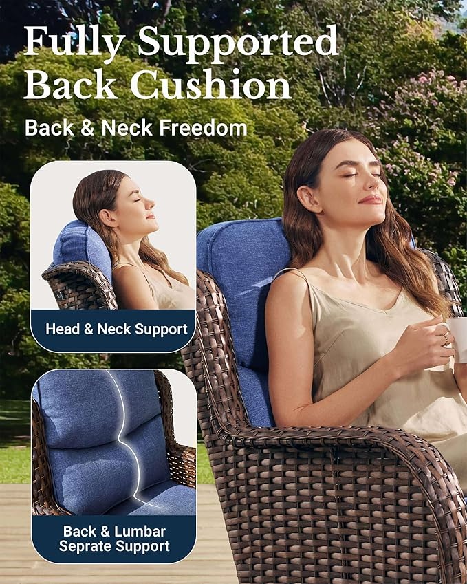 HILLGA Luxury Patio Furniture Set with 6-Inch Thick Cushions, High Back Outdoor Swivel Rocker Chairs and Table, 6-Piece All Weather Conversation Set for Porch Deck Balcony Yard, Blue (V3)