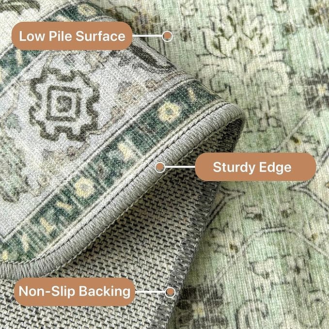 GENIMO 10x12 Area Rugs for Living Room, Machine Washable Non Slip Vintage Rugs, Low Pile Lightweight Chenille Print Rug for Bedroom, Dining Room, Home Office, Green