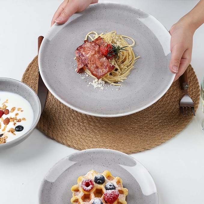 CQN&ZXD Ceramic Plates and Bowls Sets, 12 Pieces, Hand-Crafted Dishes set for 4 with Gradient Reactive-Glaze, Microwave & Dishwasher Safe Dinnerware Sets, Modern Style, Velvet Grey & Meteor Blue