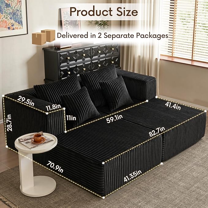 82" Oversized Chaise Lounge Chair, Corduroy Upholstered Sleeper Sofa with 4 Throw Pillows and Wide Armrest for Living Room, No Assembly Required Loveseat Couch, Black