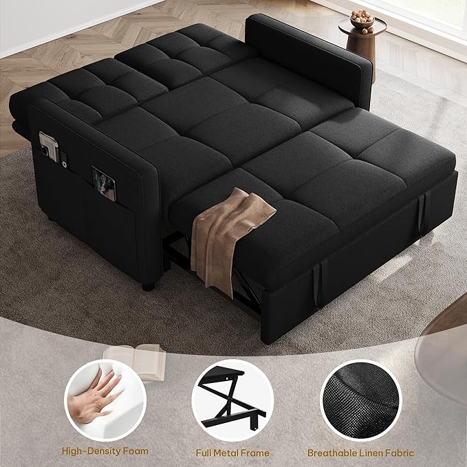 DWVO 55" Convertible Sofa Bed, 3-in-1 Sleeper Sofa with Pull-Out Bed, Linen Futon Couch with Adjustable Backrest and Side Pocket, Modern Loveseat for Living Room Apartment, Balck