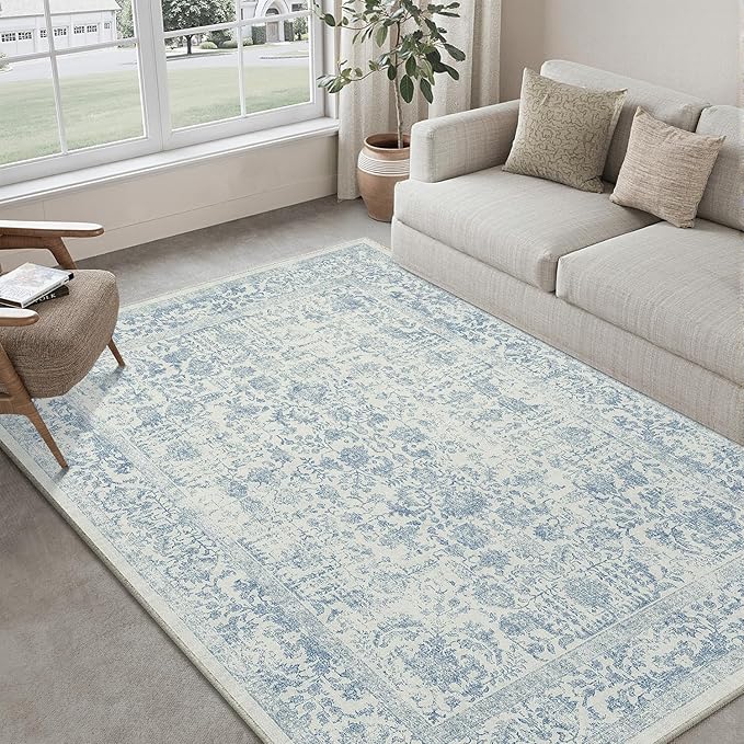 Blue Area Rug 5x8 Machine Washable Vintage Living Room Distressed Non Slip Carpet Traditional Indoor Bedroom Retro Floral Accent Throw Large Rug Office Kitchen Bathroom Dining Room