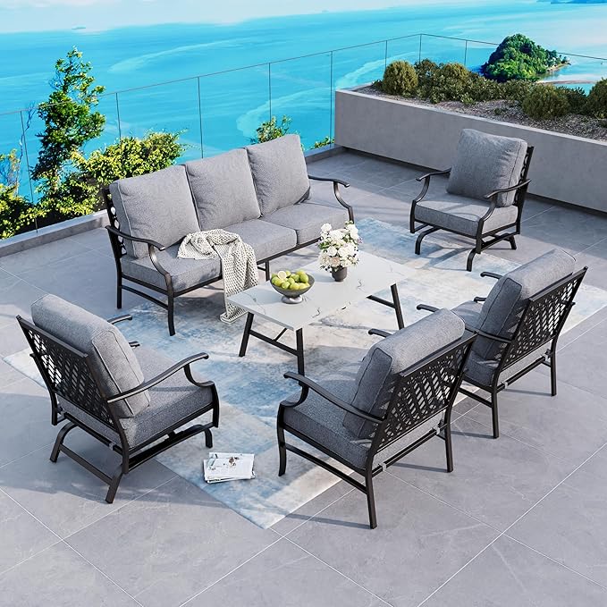6 Piece Metal Outdoor Patio Furniture Set, Patio Conversation Set 1 3-Seater Sofa, 2 Rocking Chair, 2 Leg Chair with 5.75" Thick Cushion and Coffee Table, Backyard Furniture Set, Gray
