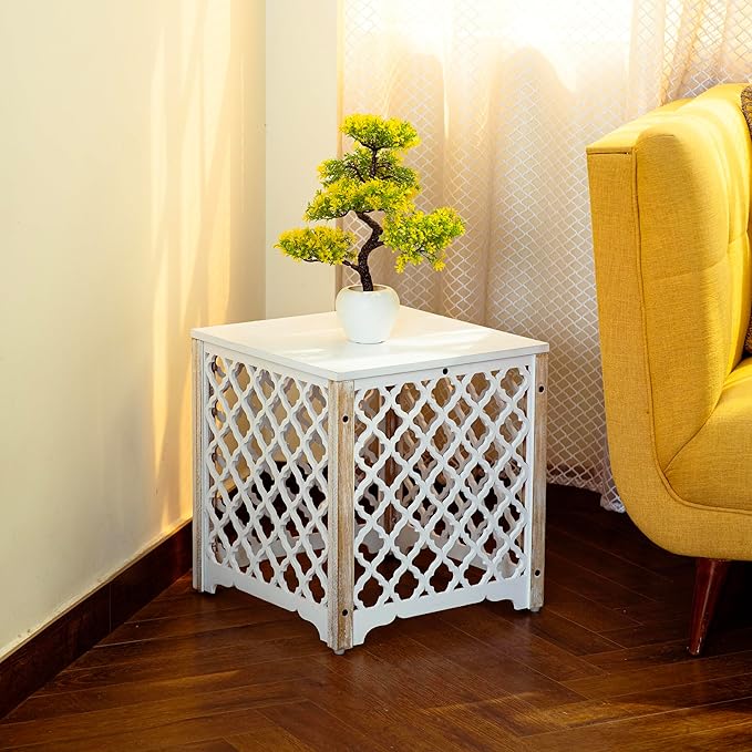 JFY Designs Carved Wooden Square Side Table Decorative Coffee Side Entryway Bedside|Modern Home Decor Table|Accent Table Living Room, Bedroom, Office|Hand Carved Farmhouse Rustic End Table 16-inch