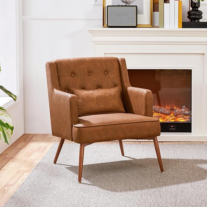 Yaheetech Accent Chair, Living Room Chair Mid Century PU Leather Armchair Lumbar Pillow, Comfy Upholstered Reading Chair Wood Leg Bedroom Lounge Brown