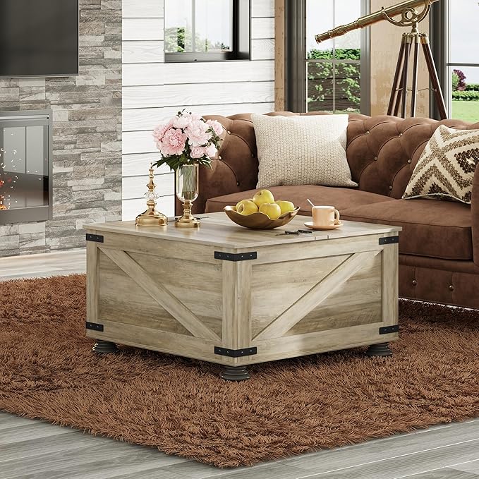 WLIVE Farmhouse Coffee Table, 31.5" Square Wood Center Table with Flip-Top Lids and Large Hidden Storage Compartment for Living Room, Bedroom, Grey Oak