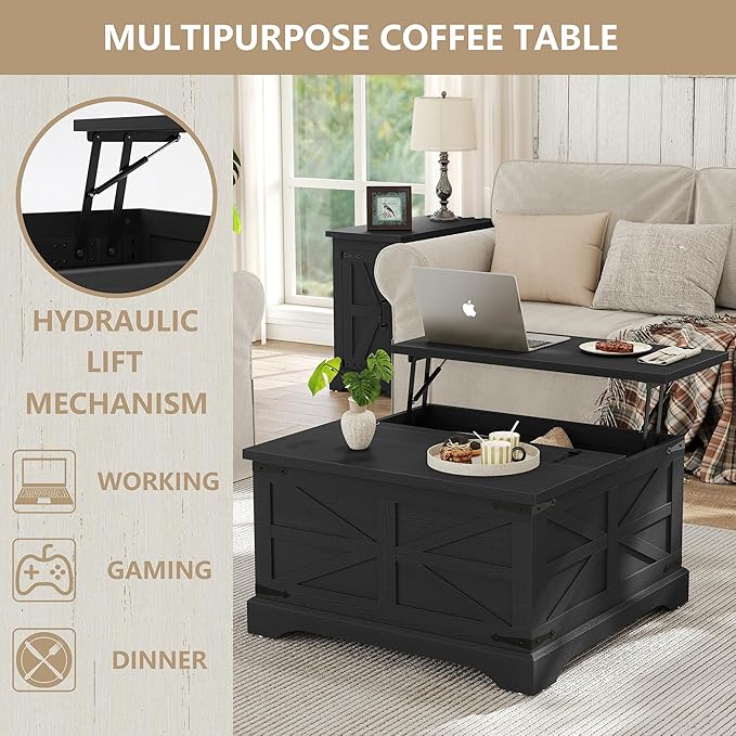 Furnideco Farmhouse Lift Top Coffee Table, Square Wood Center Table with Large Hidden Storage Compartment for Living Room, Rustic Cocktail Table with Hinged Lift Top for Home, Black