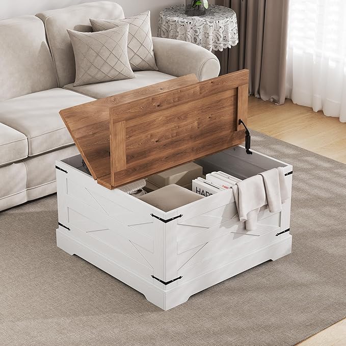 Farmhouse Coffee Table with Hidden Storage, White Square Coffee Table for Living Room, Wood Large Center Table with Hinged Lift Top for Home, Office