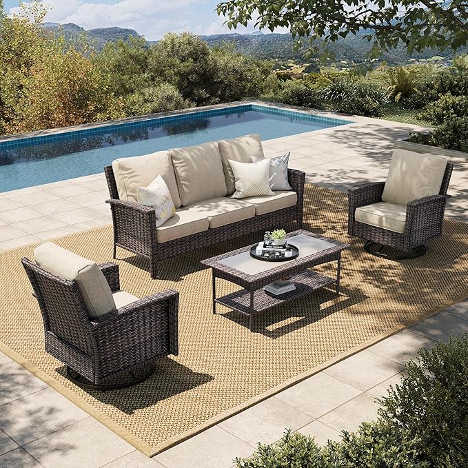 HERA'S HOUSE High Back Patio Furniture Set with Swivel Chairs, Outdoor Wicker Conversation Sets with 5.5" Comfy Cushions, 4 Piece Outside Sofa Sets, Beige