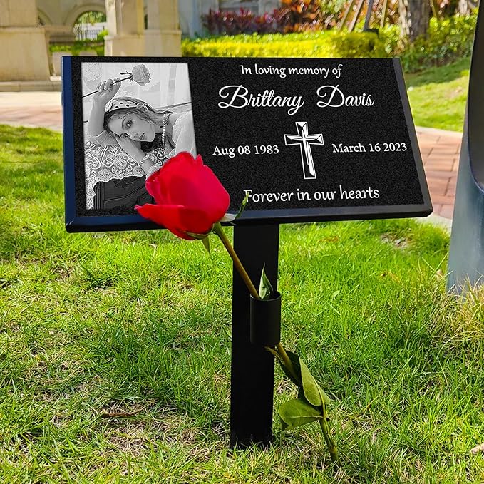 Personalized Headstone with Photo, Memorial Stone, Headstones for Graves, Grave Markers, Black Granite Garden Stone, Memorial Plaques for Outdoor, Grave Decoration for Cemetery (Picture left)