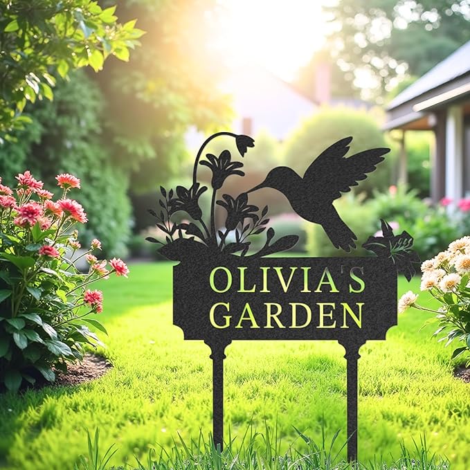 Personalized Metal Garden Sign, Custom Name Stake Decor, Hummingbird Yard Art, Outdoor Gardening Home Decor, Garden Stake Gifts for Plant Lovers
