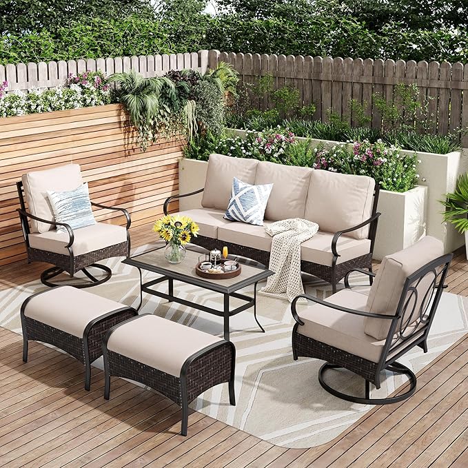 PHI VILLA Outdoor Modern Patio Furniture Set, Upgraded Wicker&Metal Patio Furniture Conversation Set with Waterproof Thick Cushions for Porch, Poolside, Deck, and Yard (6 Pieces,Beige)