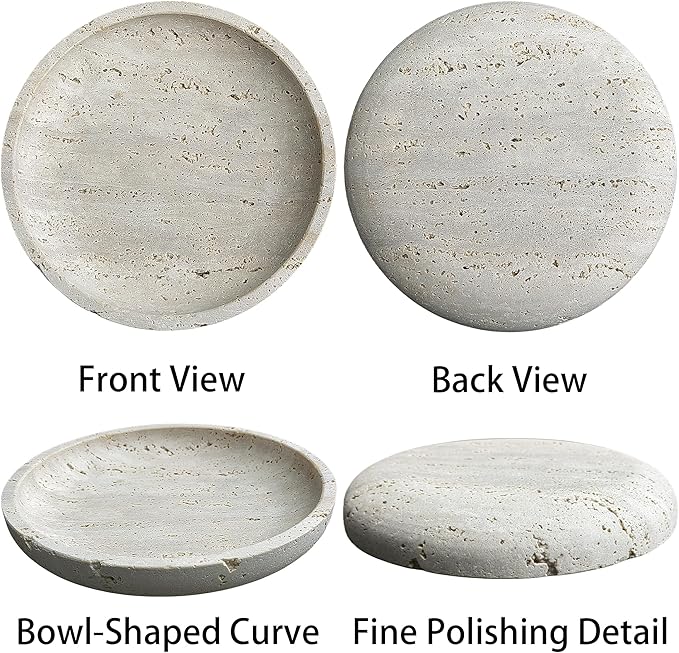 Natural Travertine Round Decorative Tray - 8-inch Beige Stone Vanity Bowl, Anti-Slip Organizer Plate for Bathroom, Kitchen, Home Décor, Candles, Jewelry Display, 3/4-inch Height