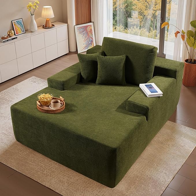 Chaise Lounge Chair Indoor, 67" Oversized Comfy Cloud Velvet Sleeper Sofa Bed, Boneless Upholstered Recliner Bed with Pillows and Wide Armrests, Modern Cloud Couch for Living Room, Green