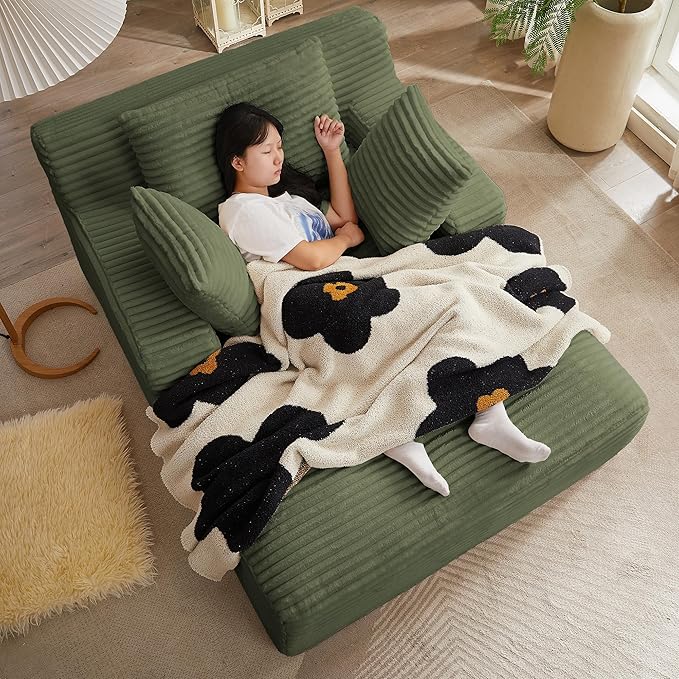 GNIXUU Oversized Boneless Chaise Lounge Chair Indoor, Comfy Fluffy Lounge Sofa Upholstered Sleeper Sofa Couch with Throw Pillows and Armrests, Corduroy Plush Cloud Chair for Living Room, Olive Green