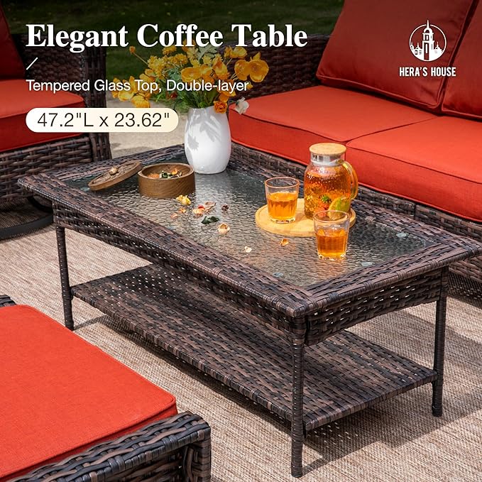 HERA'S HOUSE Red Patio Furniture Set, 35" High Back Swivel Chair with 5.5" Thick Cushions, Oversized Outdoor Wicker Conversation Set for Deck Garden Poolside Backyard Lawn