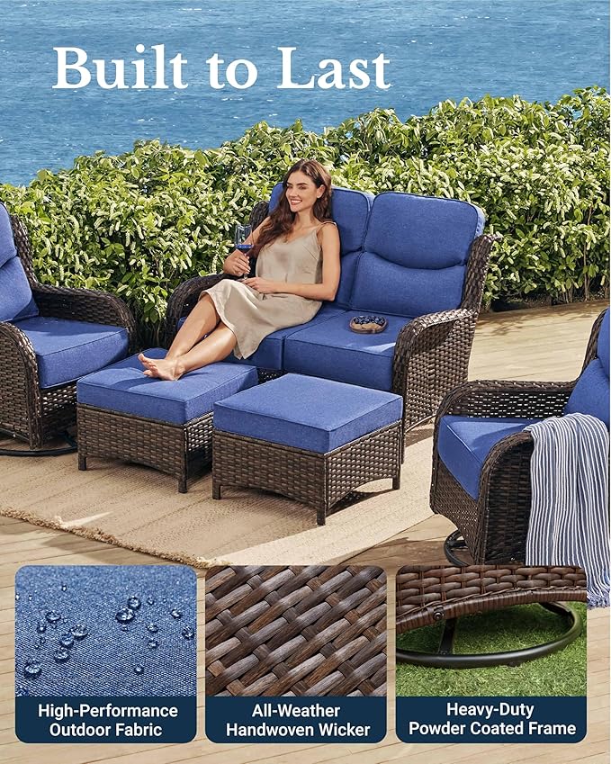HILLGA Luxury High Back Patio Furniture Set with 6-Inch Thick Cushion, 5-Piece Outdoor Conversation Set with Loveseat, Swivel Rocker Chairs & Ottomans, Ideal for Porch Pool Deck Yard (Blue)